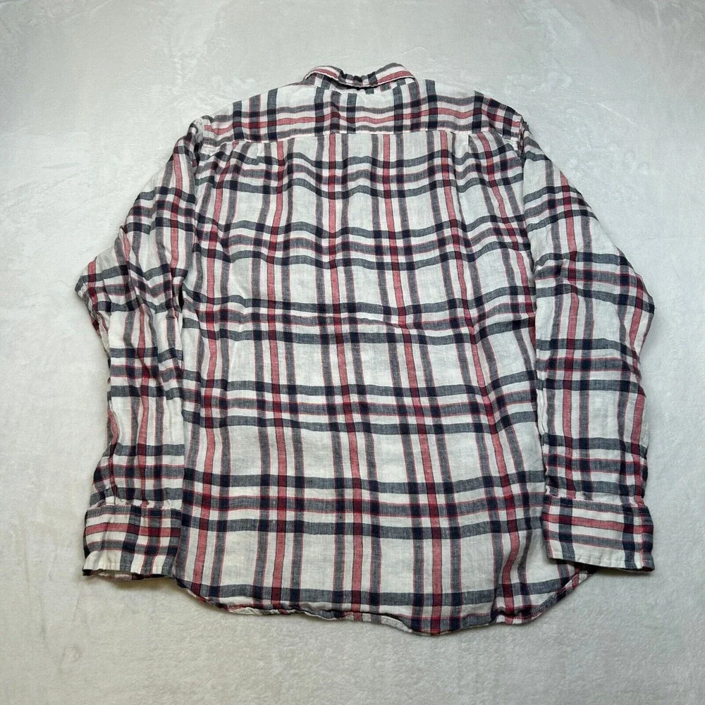 J Crew Linen Shirt Mens‎ Large White Red Black Plaid Slim Fit Long Sleeve